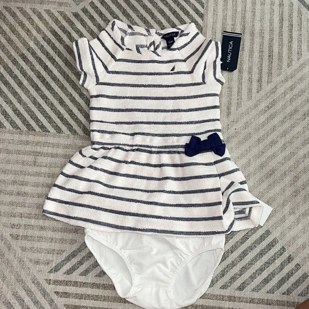 NAUTICA Kids Cream/Navy Stripes Terry Dress with Matching Bottoms NWT Size 12M